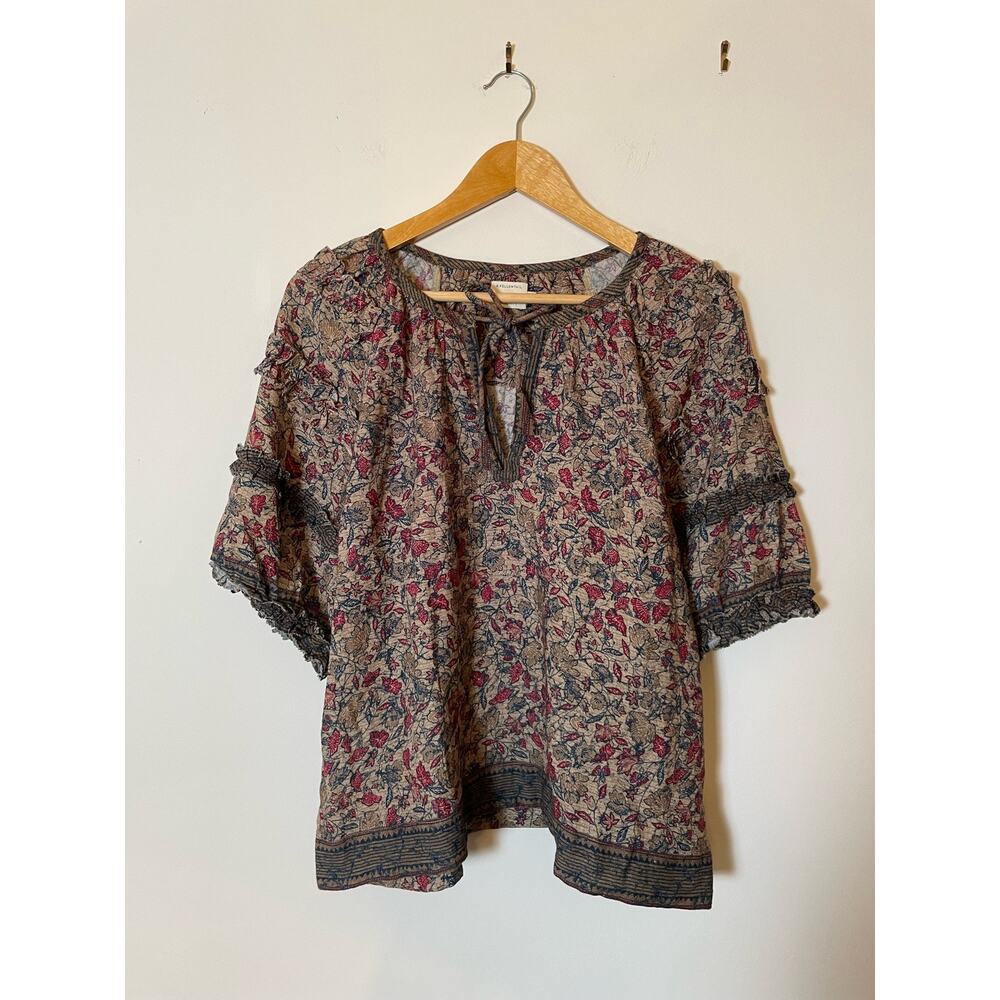 Faherty Floral Blouse in Red, Green and Tan